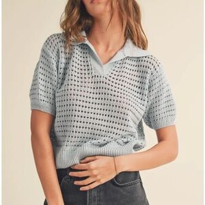 Light Blue Open-Knit Polo Sweater Top